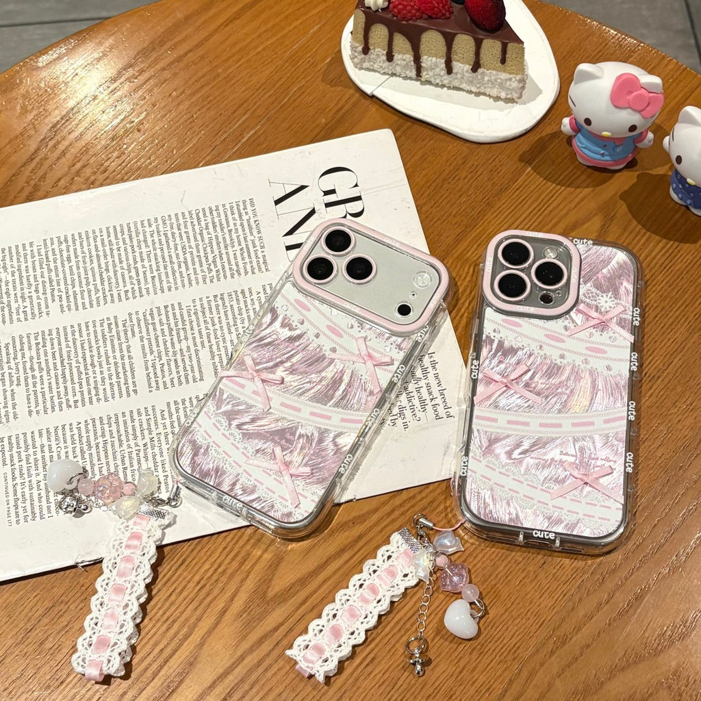 sweet pink cream bow strap phone case