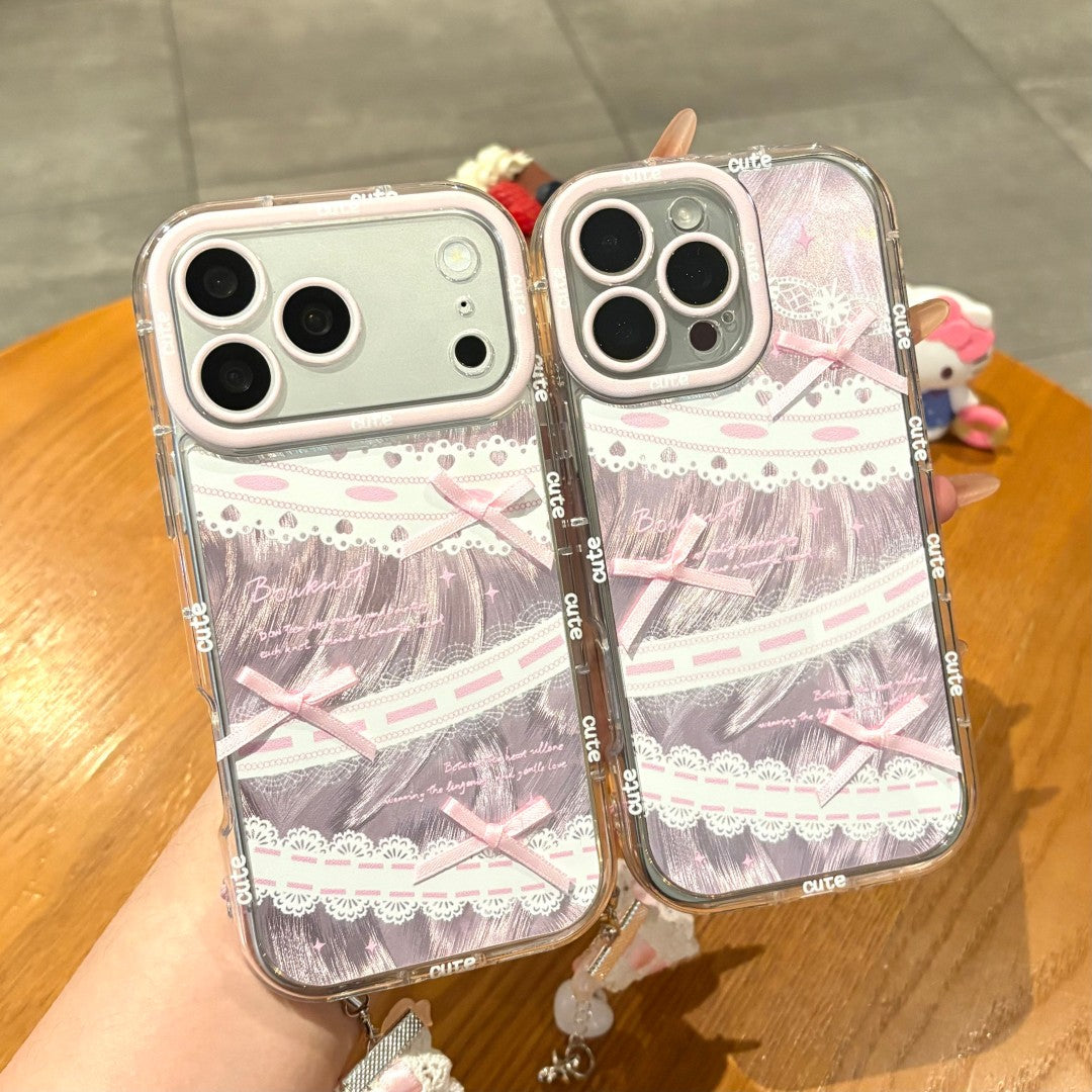 sweet pink cream bow strap phone case