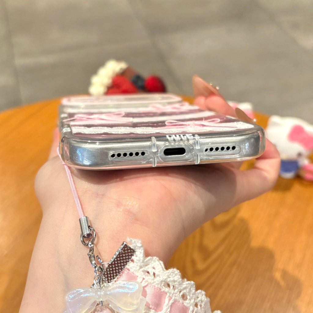sweet pink cream bow strap phone case