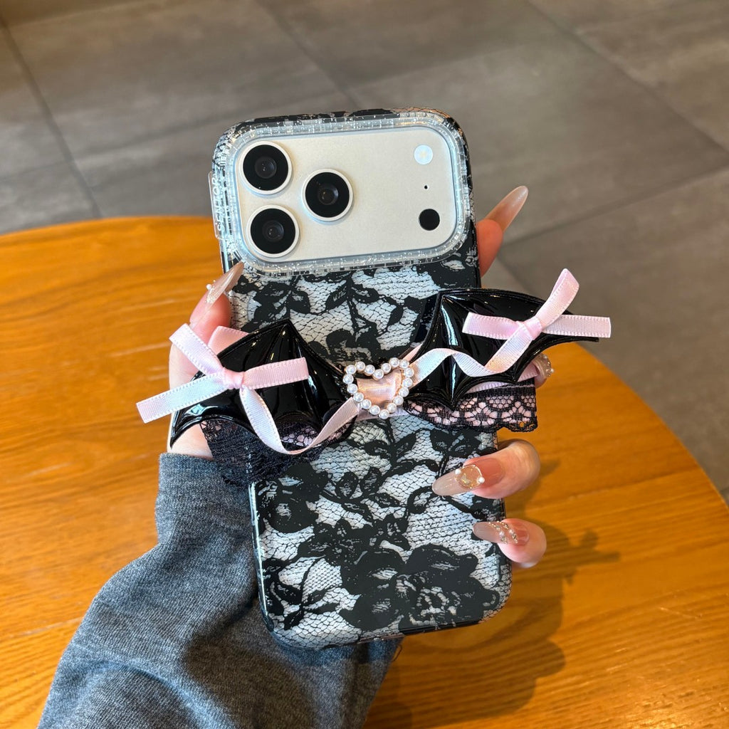 pink black lace heart phone case