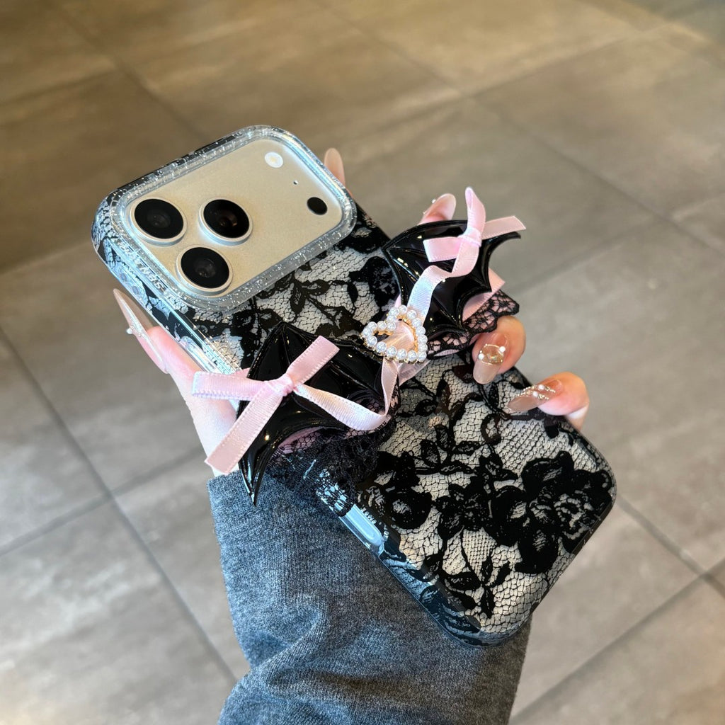 pink black lace heart phone case