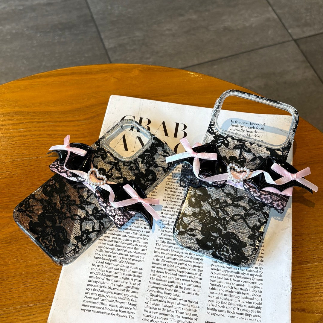 pink black lace heart phone case