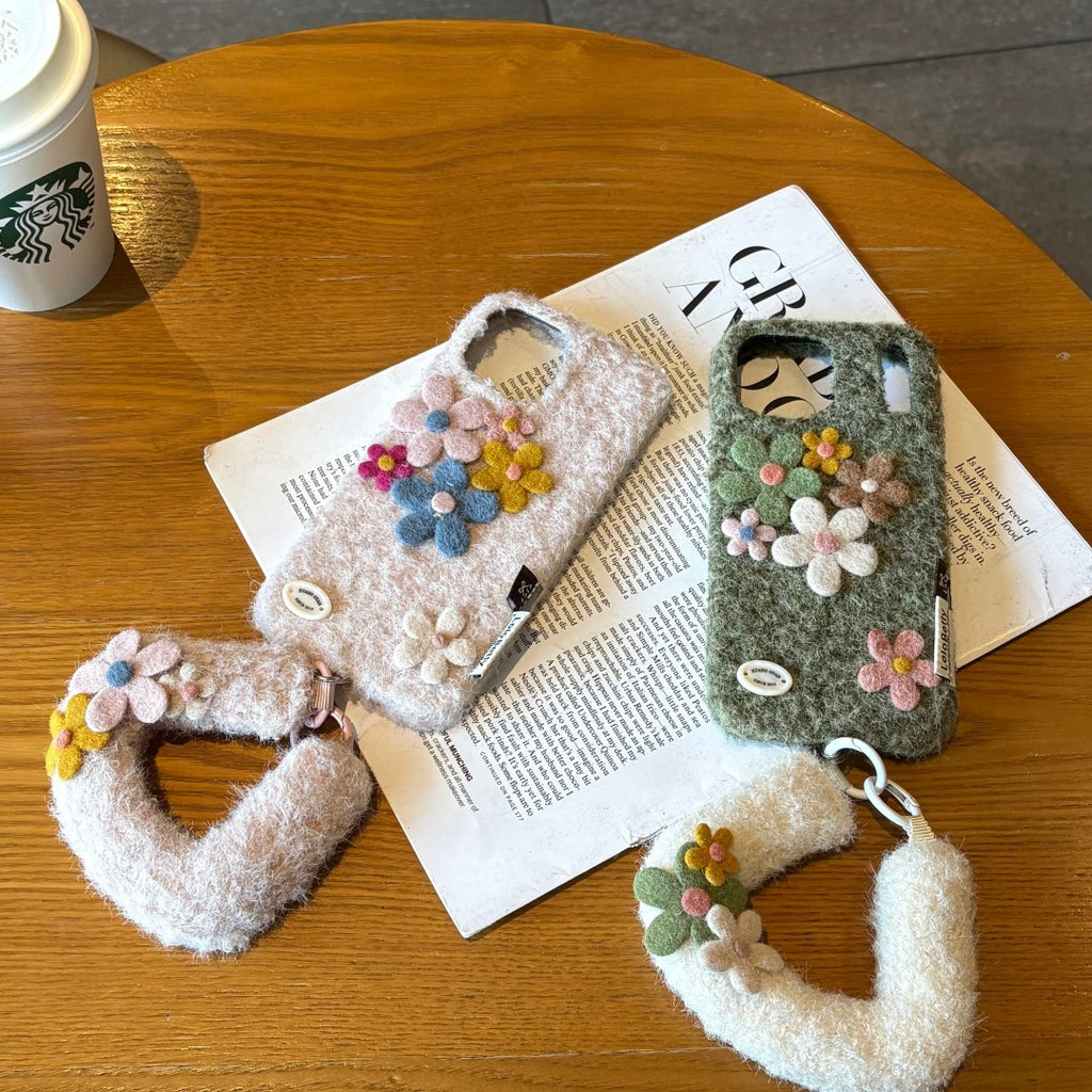colorful felt flower wrist strap phone case
