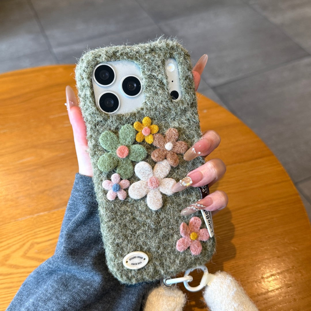 colorful felt flower wrist strap phone case