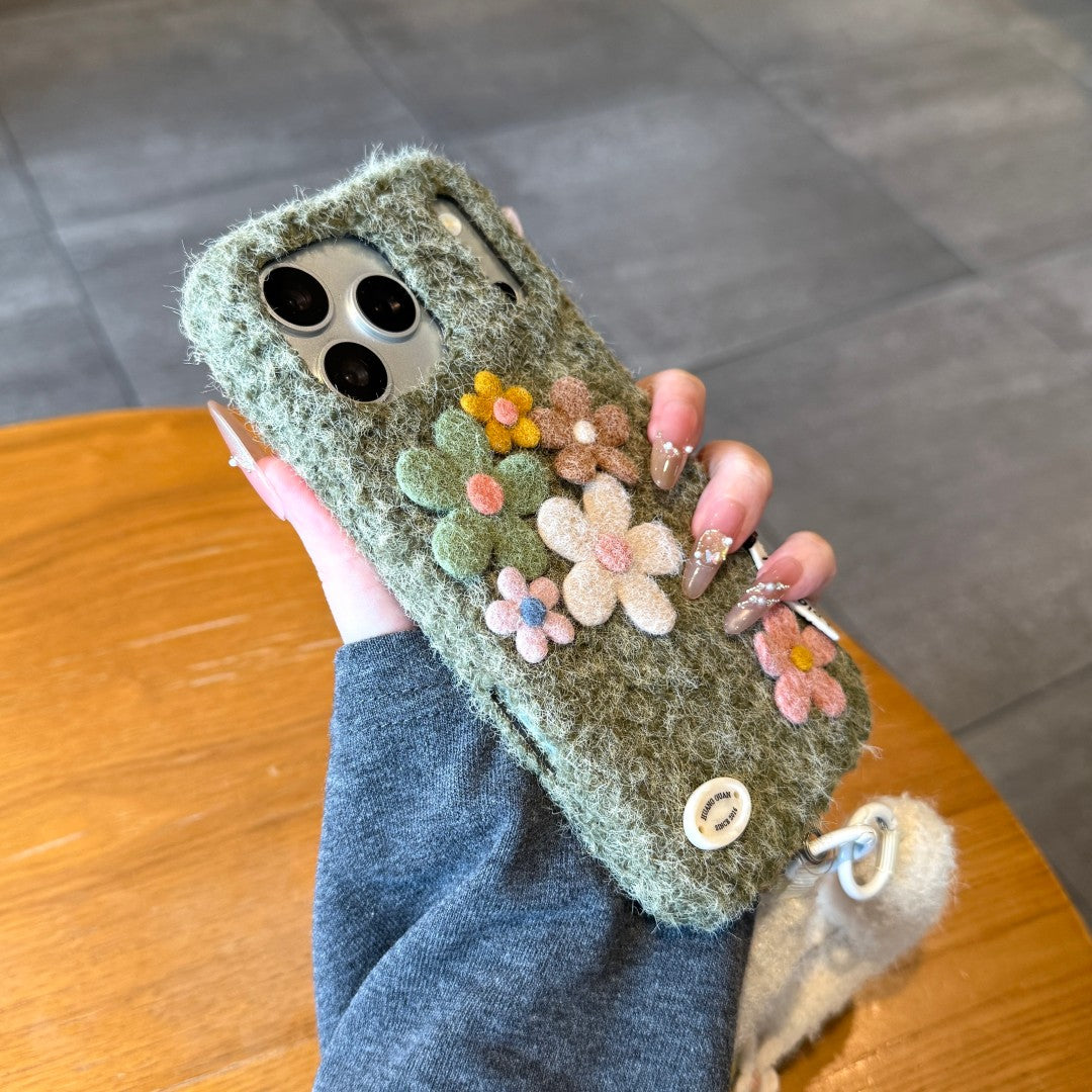 colorful felt flower wrist strap phone case