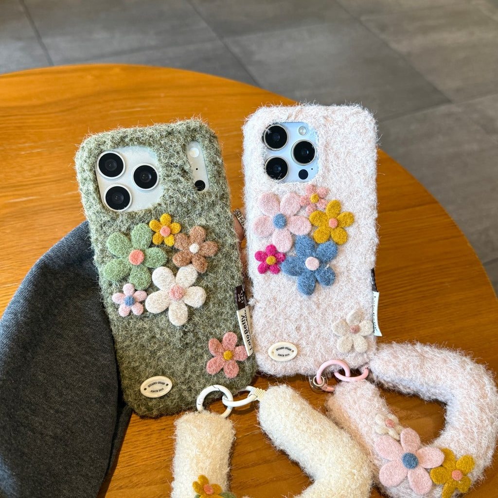 colorful felt flower wrist strap phone case