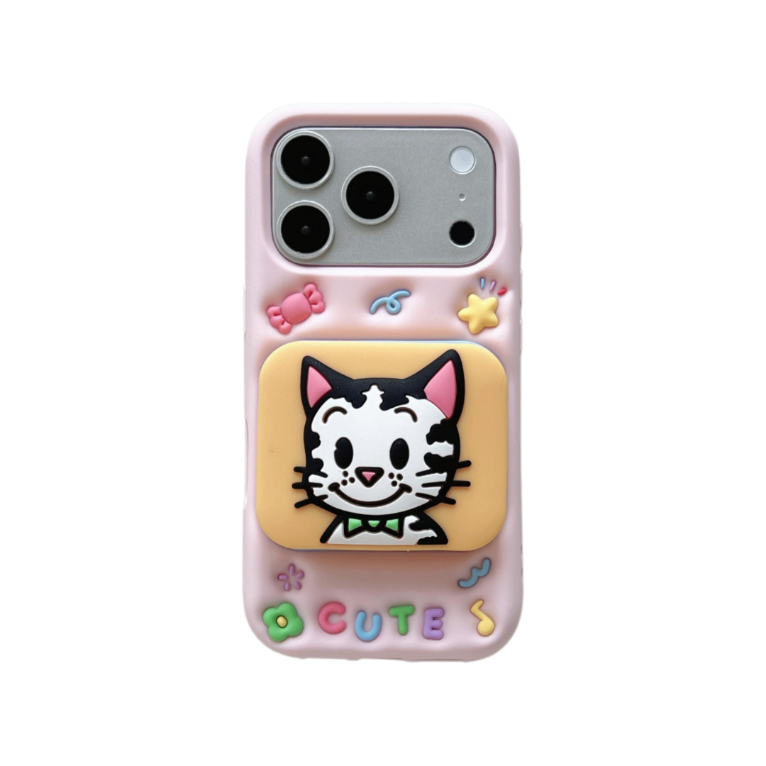 cute cat & puppy mirror + stand dual purpose silicone phone case